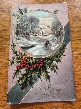 Vintage Embossed German Christmas Postcard Xmas Greetings Unused Holly